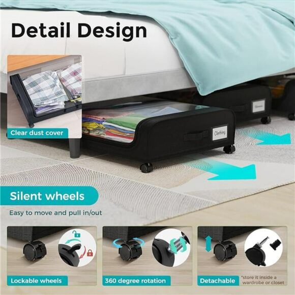 Under Bed Storage Containers with Wheels Clear Window Large Shoe Clothes Bin - Picture 4 of 7